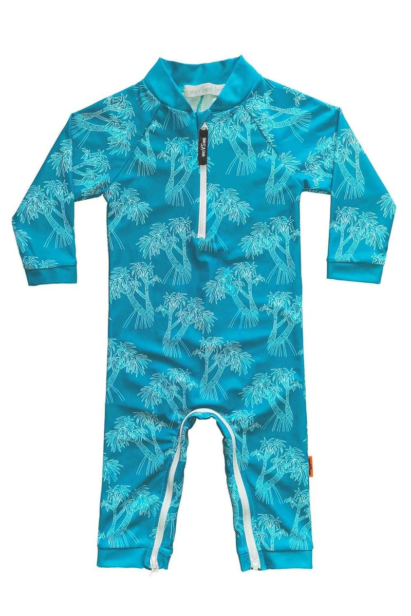 weVSwe Baby Toddler UPF 50+ Protection Rash Guard Easier Diaper Changes Boy Swimsuit One Piece Bathing Suit Crotch Zipper for Quicker Tree Peacock Blue Bathing Suit 3T - Image 1